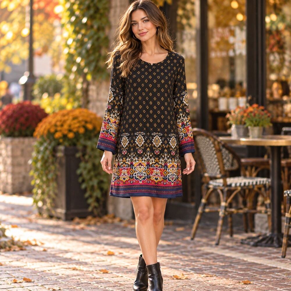 Boho Border Print Tunic Dress Black Pink Blue Gold Long Sleeve Womens Small